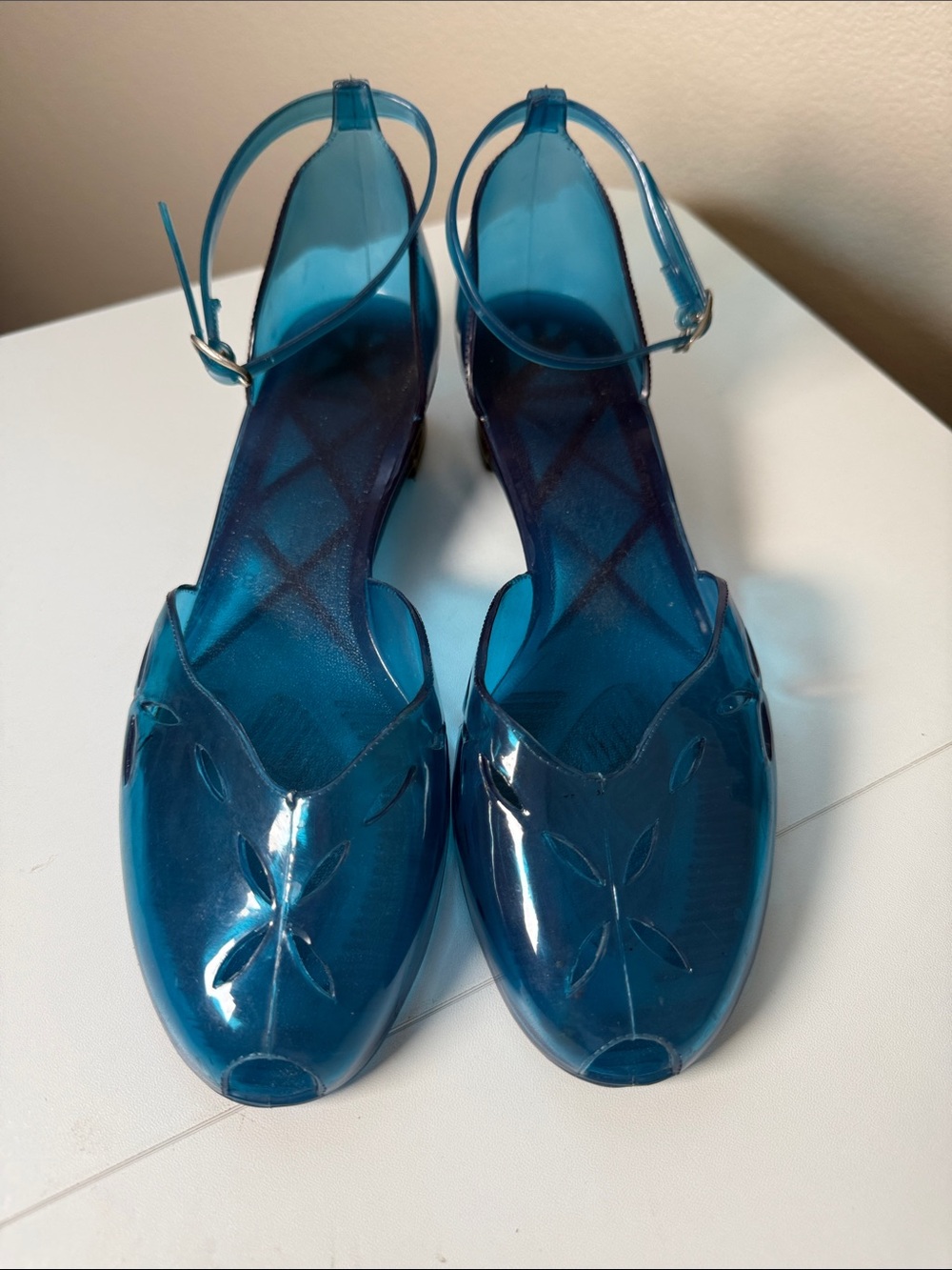 Teal Blue Jelly Ankle-Strap Sandals